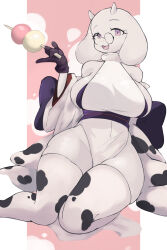 Rule 34 | 1girl, :3, absurdres, alternate costume, animal ears, animal print, arm at side, back bow, bare shoulders, black gloves, body fur, bow, breasts, cow print, dango, detached sleeves, dress, female focus, food, furry, furry female, glasses, gloves, goat ears, goat girl, goat horns, groin, hand up, happy, highres, holding, holding food, horns, kneeling, knees together feet apart, large breasts, long sleeves, looking at viewer, open mouth, outside border, pelvic curtain, pillarboxed, pince-nez, pink background, pink eyes, pinky out, purple bow, round eyewear, sash, sideboob, sitting, skewer, skindentation, sleeveless, sleeveless dress, smile, solo, thick thighs, thighhighs, thighs, toriel, undertale, wagashi, white dress, white fur, white horns, white sleeves, white thighhighs, wide hips, yoru (yoru vida)