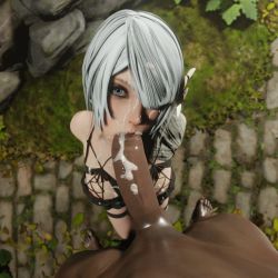 Rule 34 | 1boy, 1girl, blue eyes, clothed female nude male, clothed sex, cum, cum in mouth, cum on hair, cum on penis, dark-skinned male, dark skin, facial, fellatio, hair over one eye, highres, interracial, kaine (nier), large penis, looking at viewer, medium hair, nier (series), nier:automata, nude, open mouth, oral, penis, polished jade bell, pov, testicles, veins, veiny penis, white hair