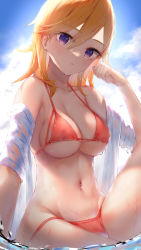 Rule 34 | 1girl, absurdres, bikini, blue sky, blush, breasts, cloud, collarbone, day, hair between eyes, hand up, highres, long hair, looking at viewer, love live!, love live! superstar!!, medium breasts, navel, orange hair, parted lips, purple eyes, red bikini, shibuya kanon, sitting, sky, solo, straight hair, swimsuit, tanaka212, water, wet, wet clothes, wet hair, wet swimsuit