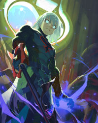 Rule 34 | 1boy, aqua eyes, cape, closed mouth, cowboy shot, gloves, glowing, glowing eyes, grey hair, hair between eyes, holding, holding weapon, keyblade, kingdom hearts, looking at viewer, male focus, medium hair, red gloves, riku (kingdom hearts), solo, tight clothes, toni infante, torn cape, torn clothes, waist cape, weapon