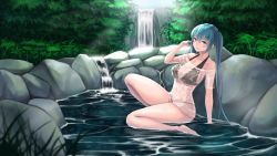 Rule 34 | bikini, bikini under clothes, black bikini, breasts, cleavage, cloel, full body, hand in own hair, hatsune miku, highres, outdoors, plant, see-through, shallow water, shirt, sitting, solo, swimsuit, tagme, vocaloid, water, wet, wet clothes, wet shirt