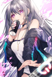 Rule 34 | 1girl, bad id, bad pixiv id, bare shoulders, black choker, black jacket, black shorts, blurry, breasts, can, choker, collarbone, cowboy shot, coyucom, depth of field, dive to zone, energy drink, grey hair, hair between eyes, hand up, highres, holding, jacket, jewelry, long hair, long sleeves, looking at viewer, necklace, off shoulder, open clothes, open jacket, parted lips, ponytail, purple eyes, shirt, short shorts, shorts, sidelocks, sleeveless, sleeveless shirt, small breasts, solo, strapless shirt, very long hair, white shirt