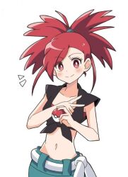 Rule 34 | 1girl, bare arms, collarbone, creatures (company), flannery (pokemon), game freak, highres, holding, holding poke ball, jmsleo, jpeg artifacts, korean commentary, looking at viewer, midriff, navel, nintendo, poke ball, poke ball (basic), pokemon, pokemon oras, red eyes, red hair, shirt, smile, split mouth, tied shirt