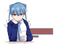 Rule 34 | 1girl, blue hair, blue jacket, blue necktie, brown eyes, cellphone, cigarette, cosplay, death merumeru, death merumeru (cosplay), double bun, hair between eyes, hair bun, holding, holding cigarette, jacket, long hair, long sleeves, necktie, phone, shinigami dot com, shirt, solo, toukyou tama, twintails, ugoru (ugr-3927), upper body, white background, white shirt