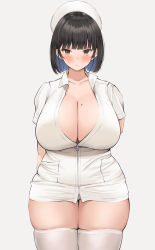 Rule 34 | 1girl, absurdres, arms behind back, black hair, blue hair, blunt bangs, blush, bob cut, breasts, brown eyes, cleavage, closed mouth, collarbone, collared shirt, colored inner hair, commentary, cowboy shot, curvy, grey background, hat, highres, huge breasts, looking at viewer, mole, mole on breast, multicolored hair, neneneji, nurse, nurse cap, original, shirt, short hair, simple background, skindentation, solo, standing, straight-on, taut clothes, taut shirt, thick thighs, thighhighs, thighs, white shirt, white thighhighs