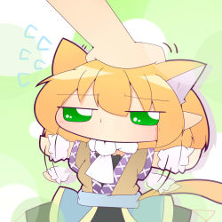 Rule 34 | 1girl, afterimage, animal ears, arm warmers, black dress, blonde hair, blush, breasts, brown jacket, cat ears, cat tail, chibi, commentary request, cowboy shot, dress, flying sweatdrops, green eyes, hair between eyes, headpat, hiyori (higanahannnti), jacket, kemonomimi mode, medium hair, mizuhashi parsee, motion lines, multicolored clothes, multicolored jacket, no mouth, pointy ears, scarf, small breasts, tail, touhou, white scarf