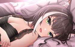 1girl :d animal_ear_fluff animal_ears bare_shoulders black_bra black_hair bra breasts cat_ears cleavage collarbone fang from_side green_eyes highres karyl_(princess_connect!) long_hair looking_at_viewer looking_to_the_side mahdi multicolored_hair on_bed open_mouth pillow princess_connect! skin_fang small_breasts smile solo streaked_hair twitter_username two-tone_hair underwear underwear_only white_hair