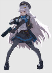 Rule 34 | 1girl, black gloves, black jacket, black pantyhose, black skirt, closed mouth, dual wielding, frown, full body, gloves, goddess of victory: nikke, grey hair, hair ornament, hat, highres, holding, holding weapon, jacket, long hair, looking at viewer, military hat, pantyhose, pleated skirt, pouch, shirt, shirt partially tucked in, skirt, soline (nikke), solo, standing, thigh pouch, very long hair, weapon, white shirt, yagi2013