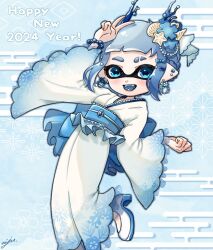 Rule 34 | 1girl, 2024, blue background, blue bracelet, blue eyes, blue kimono, commentary request, coral hair ornament, ear piercing, earrings, eyebrow cut, hair ornament, happy new year, high heels, iju spl, inkling, inkling girl, inkling player character, japanese clothes, jewelry, kimono, new year, nintendo, open mouth, piercing, pointy ears, short hair, signature, smile, solo, splatoon (series), splatoon 3, standing, standing on one leg, star (symbol), star hair ornament, teeth, tentacle hair, v, white footwear