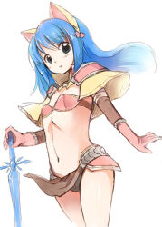 Rule 34 | 1girl, animal ears, bikini, bikini top only, black panties, blue eyes, blue hair, blush, brown capelet, brown gloves, capelet, cat ears, commentary request, cowboy shot, crystal sword, elbow gloves, emurin, expressionless, flat chest, gloves, holding, holding sword, holding weapon, long hair, looking at viewer, mage (ragnarok online), majiko (emurin), microskirt, midriff, navel, open mouth, panties, pelvic curtain, ragnarok online, red bikini, red gloves, red skirt, showgirl skirt, simple background, skirt, solo, swimsuit, sword, underwear, weapon, white background