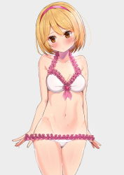 Rule 34 | 1girl, blonde hair, blush, breasts, brown eyes, closed mouth, collarbone, djeeta (granblue fantasy), granblue fantasy, hairband, medium breasts, s sasaki 09140, short hair, simple background, solo, swimsuit, undressing