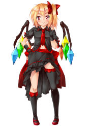 Rule 34 | 1girl, absurdres, alternate costume, asymmetrical clothes, blonde hair, blush, bow, embodiment of scarlet devil, female focus, fingerless gloves, flandre scarlet, frills, full body, gathers, gloves, hair bow, twirling hair, highres, mamedenkyuu (berun), mary janes, navel, necktie, red eyes, shoes, side ponytail, simple background, skirt, smile, solo, touhou, white background, wings
