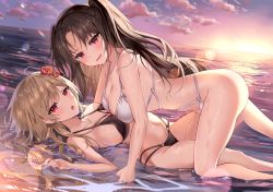 Rule 34 | 2girls, :d, :o, all fours, banned artist, bare arms, bare shoulders, beach, bikini, black bikini, black hair, blush, breasts, brown hair, cleavage, cloud, commission, feet out of frame, flower, hair flower, hair ornament, highres, jewelry, large breasts, lens flare, long hair, looking at viewer, lying, mayo (miyusa), multiple girls, navel, necklace, o-ring, o-ring bikini, on back, open mouth, original, red eyes, second-party source, smile, stomach, sunrise, swimsuit, thighs, two side up, water, white bikini, yuri
