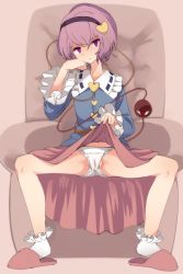 Rule 34 | 1girl, bad id, bad twitter id, blouse, blue shirt, bobby socks, cameltoe, closed mouth, clothes lift, couch, expressionless, eyeball, frilled shirt collar, frilled sleeves, frills, full body, hairband, head rest, heart, komeiji satori, lifting own clothes, long sleeves, looking at viewer, panties, partially visible vulva, pink hair, pink skirt, purple eyes, scowl, shirt, short hair, sitting, skirt, skirt lift, slippers, socks, solo, spread legs, third eye, touhou, underwear, urin, white panties, white socks, wide sleeves