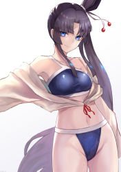 Rule 34 | 1girl, armpits, bad id, bad pixiv id, bare shoulders, bikini, black hair, blue bikini, blue eyes, breasts, brown jacket, closed mouth, collarbone, commentary request, cowboy shot, fate/grand order, fate (series), groin, hair bun, hair tie, head tilt, highleg, highleg bikini, highres, hip focus, jacket, long hair, long sleeves, looking at viewer, medium breasts, navel, off shoulder, outstretched arm, parted bangs, red ribbon, ribbon, side ponytail, sidelocks, simple background, single hair bun, smile, solo, standing, stomach, swimsuit, twitter username, ushiwakamaru (fate), ushiwakamaru (swimsuit assassin) (first ascension) (fate), very long hair, white background, yukihama