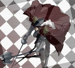 Rule 34 | 1boy, boots, checkered floor, floor, gloves, hat, hat over one eye, jacket, lowres, male focus, one piece, solo, weapon, x drake