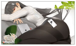Rule 34 | 1girl, artist logo, ass, black hair, black pantyhose, blue archive, blurry, border, commentary, condom, condom wrapper, depth of field, english commentary, highres, hu dako, hugging object, id card, leaf, long hair, lying, on side, pantyhose, patreon username, pillow, pillow hug, red eyes, rio (blue archive), solo, sweater, tablet pc, thighband pantyhose, very long hair, white border, white sweater