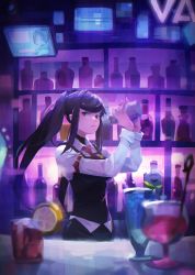 Rule 34 | 1girl, absurdres, bar (place), black hair, brown eyes, closed mouth, collared shirt, cup, drinking glass, expressionless, food, fruit, highres, indoors, jill stingray, lemon, lemon slice, long hair, looking at viewer, necktie, purple theme, red necktie, shirt, solo, swept bangs, twintails, va-11 hall-a, white shirt, zeni