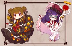 Rule 34 | 2girls, adapted costume, apple, black coat, black pants, black ribbon, blush, brown hair, closed mouth, coat, collared shirt, commentary request, double bun, dress, e.g.o (project moon), employee (project moon), food, frilled hat, frills, fruit, glasses, hair bun, hair ribbon, hat, highres, holding, holding staff, holding sword, holding weapon, hoshizuki sakusa, invisible chair, lobotomy corporation, long dress, long hair, long sleeves, mary janes, multicolored eyes, multiple girls, necktie, no nose, open clothes, open coat, pants, project moon, purple hair, red eyes, red footwear, red headwear, red necktie, red shirt, ribbon, shirt, shoes, single wing, sitting, snake, staff, sword, weapon, white dress, white shirt, white snake, wings