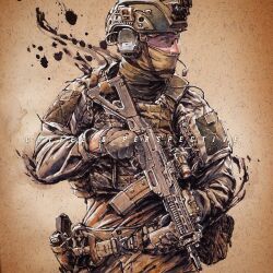 Rule 34 | 1boy, ammunition pouch, assault rifle, belt, belt pouch, black eyes, body armor, brown background, brown belt, brown headwear, brown jacket, brown pants, brown theme, brush stroke, buttons, camouflage, camouflage jacket, chin strap, combat helmet, commentary, covered mouth, cowboy shot, english commentary, facebook username, folding stock, foregrip, gloves, grey gloves, gun, gun sling, handgun, headset, helmet, holding, holding gun, holding weapon, holster, holstered, ink (medium), jacket, laser sight, light brown background, load bearing vest, long sleeves, looking to the side, male focus, mar-c!, mask, military jacket, military operator, mixed media, nose, optical sight, original, painting (medium), pants, paper texture, bulletproof vest, pocket, pouch, realistic, rifle, safety glasses, sig p220/p226, sig sg552, solo, splatter, switzerland, tactical clothes, traditional media, trigger discipline, turning head, utility belt, vertical foregrip, vignetting, watercolor (medium), watermark, weapon, western comics (style), zipper
