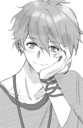 Rule 34 | 1boy, amami rantaro, closed mouth, collarbone, danganronpa (series), danganronpa v3: killing harmony, ear piercing, earrings, grey background, greyscale, hand up, highres, jewelry, male focus, monochrome, mu (mu43960168), necklace, piercing, portrait, shirt, short hair, simple background, solo, striped clothes, striped shirt