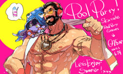 Rule 34 | 1boy, 1girl, abs, arm hair, armpit hair, bara, beard, body hair, chest hair, facial hair, graves (league of legends), grin, hair slicked back, hairy, hand up, headphones, jewelry, karipaku, large pectorals, league of legends, lulu (league of legends), male focus, mature male, muscular, muscular male, mustache, navel hair, necklace, nipples, official alternate costume, pectorals, pink background, short hair, smile, stomach, thick eyebrows, thought bubble, towel, upper body, wet