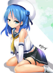 Rule 34 | 10s, 1girl, arms between legs, ascot, between legs, blue eyes, blue hair, detached sleeves, elbow gloves, gloves, hair bun, hand between legs, hat, kantai collection, matching hair/eyes, sen (astronomy), single hair bun, sitting, skirt, sleeves rolled up, solo, thigh strap, twitter username, urakaze (kancolle), wariza, white hat
