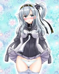 Rule 34 | 1girl, :o, ahoge, black hairband, black jacket, blue background, blush, breasts, clothes lift, clothes pull, corset, covered navel, cowboy shot, elbow gloves, floral background, gloves, gluteal fold, grey eyes, hairband, headgear, jacket, jacket on shoulders, kantai collection, lifted by self, long hair, looking at viewer, medium breasts, miniskirt, neckerchief, nose blush, one side up, open clothes, open jacket, open mouth, panties, pantyhose, pantyhose pull, pleated skirt, pocket, school uniform, serafuku, silver hair, skirt, skirt lift, solo, standing, suzutsuki (kancolle), tachibana hiroki, tareme, thigh gap, underwear, white gloves, white neckerchief, white panties, white pantyhose, white skirt