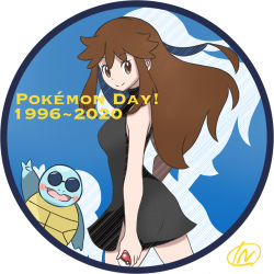Rule 34 | 1996, 1girl, 2020, alternate eye color, armpits, arms at sides, artist request, bare shoulders, black dress, breasts, brown eyes, brown hair, clenched hands, creatures (company), dress, english text, eyelashes, female focus, floating hair, from side, game freak, gen 1 pokemon, green (pokemon), happy, highres, holding, holding poke ball, long hair, looking at viewer, medium breasts, neck, nintendo, no gloves, poke ball, pokemon, pokemon (creature), pokemon adventures, short dress, side slit, sidelocks, silhouette, size difference, sleeveless, sleeveless dress, sleeveless turtleneck, smile, squirtle, standing, sunglasses, thighs, tight clothes, tight dress, turning head, turtleneck, turtleneck dress, waving
