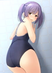 Rule 34 | 1girl, against wall, ass, blue one-piece swimsuit, brown eyes, competition school swimsuit, cowboy shot, highres, looking at viewer, looking back, one-piece swimsuit, original, purple hair, school swimsuit, shibacha, short hair, solo, swimsuit, tile wall, tiles, twintails