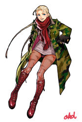 Rule 34 | 1girl, :d, antenna hair, blonde hair, blue eyes, boots, braid, cammy white, camouflage, camouflage legwear, coat, contemporary, cross-laced footwear, dress, full body, fur trim, hands in pockets, highres, knee boots, lace-up boots, long coat, long hair, looking at viewer, okada (hoooojicha), open mouth, pantyhose, scarf, smile, solo, street fighter, sweater, sweater dress, twin braids, very long hair, white background, winter clothes
