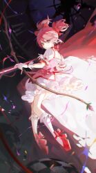 Rule 34 | 1girl, absurdres, bow, bow (weapon), choker, dress, fighting stance, full body, gloves, hair between eyes, hair bow, highres, holding, holding bow (weapon), holding weapon, kaname madoka, looking at viewer, looking back, magical girl, mahou shoujo madoka magica, petticoat, pink dress, pink hair, pino ko, puffy short sleeves, puffy sleeves, red bow, red choker, red eyes, red footwear, short sleeves, short twintails, socks, solo, twintails, weapon, white gloves, white socks