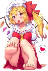 Rule 34 | 1girl, barefoot, bat wings, blonde hair, blouse, bow, breasts, cleavage, collared shirt, crystal, fang, flandre scarlet, foot focus, frilled shirt, frilled shirt collar, frilled skirt, frilled sleeves, frills, fusu (a95101221), hair between eyes, hat, hat ribbon, heart, large breasts, looking at viewer, medium hair, mob cap, puffy short sleeves, puffy sleeves, red bow, red eyes, red ribbon, red skirt, red vest, ribbon, shirt, short sleeves, side ponytail, skirt, skirt set, soles, solo, spoken heart, toes, touhou, vest, white shirt, wings