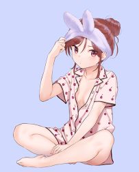 Rule 34 | 1girl, animal ears, barefoot, breasts, chigusa asuha, collared shirt, fake animal ears, feet, frown, hand up, indian style, looking at viewer, no bra, purple background, qualidea code, red eyes, red hair, sekiya asami, shirt, short sleeves, simple background, sitting, small breasts, solo, toes, v-shaped eyebrows, white shirt, wing collar