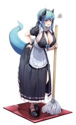 Rule 34 | 1girl, absurdres, apron, between breasts, black dress, black footwear, blue bow, blue hair, bow, breasts, ddangbi, dragon girl, dress, fang, faux figurine, frilled apron, frills, hand on own hip, highres, holding, holding mop, horns, huge breasts, leaning forward, long hair, looking at viewer, maid, mop, open mouth, original, ponytail, puffy short sleeves, puffy sleeves, red eyes, short sleeves, simple background, solo, tail, tail raised, white apron, white background