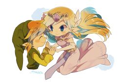 Rule 34 | 1boy, 1girl, artist name, blonde hair, blue eyes, blush, closed mouth, commentary request, dress, floating hair, green headwear, green shirt, hair ornament, hat, holding hands, link, long hair, long sleeves, looking at another, nintendo, pink dress, pointy ears, princess zelda, shirt, smile, the legend of zelda, the legend of zelda: spirit tracks, the legend of zelda: the wind waker, tiara, tokuura, toon zelda, twitter username, watermark