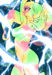 Rule 34 | 1girl, arm up, armpits, bishoujo senshi sailor moon, breasts, completely nude, cowboy shot, electricity, floating hair, from side, green eyes, hair bobbles, hair ornament, henshin, kino makoto, kouda tomohiro, lightning, long hair, navel, nude, outstretched arm, outstretched hand, ponytail, profile, sailor jupiter, serious, solo, sparkle, standing, transformation