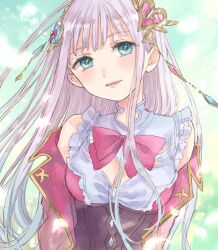 Rule 34 | 1girl, atelier (series), atelier lulua, blue eyes, bow, bowtie, breasts, cleavage, cleavage cutout, clothing cutout, commentary, elmerulia fryxell, gold hairband, grey hair, hairband, hani (udauda), heart, long hair, lower teeth only, medium breasts, open mouth, pink bow, pink bowtie, smile, solo, teeth
