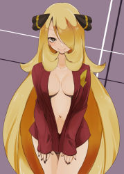 Rule 34 | 1girl, blonde hair, breasts, chorimokki, closed mouth, creatures (company), cynthia (pokemon), game freak, hair ornament, hair over one eye, large breasts, long hair, looking at viewer, nail polish, navel, nintendo, pokemon, pokemon dppt, smile, solo, very long hair