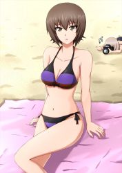 Rule 34 | 2girls, bad id, bad twitter id, beach, beach towel, bikini, breasts, brown eyes, brown hair, camera, cleavage, commentary, crawling, day, girls und panzer, highres, holding, holding camera, itsumi erika, knee up, looking at viewer, medium breasts, motion lines, multiple girls, navel, nishizumi maho, omachi (slabco), outdoors, parted lips, purple bikini, shadow, short hair, side-tie bikini bottom, silver hair, sitting, skindentation, swimsuit, taking picture, towel, translated