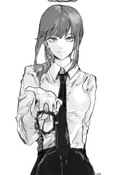 Rule 34 | 1girl, @ @, black legwear, black necktie, black pants, braid, braided ponytail, chainsaw man, collar, collared shirt, female focus, halo, highres, long hair, looking at viewer, makima (chainsaw man), monochrome, necktie, null (skev7724), pants, shirt, shirt tucked in, simple background, smile, solo, spiked collar, spikes, uniform, white background, white shirt