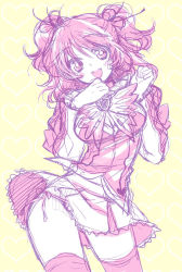 Rule 34 | 1girl, blush, cheria barnes, heart, miniskirt, monochrome, namco, panties, pink theme, shuragyoku mami, side-tie panties, sketch, skirt, solo, tales of (series), tales of graces, thighhighs, two side up, underwear, yellow background