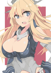 Rule 34 | 10s, 1girl, blonde hair, blue eyes, breasts, cleavage, gloves, iowa (kancolle), kantai collection, large breasts, looking at viewer, moonlaw, open mouth, simple background, solo, star-shaped pupils, star (symbol), symbol-shaped pupils