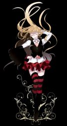 Rule 34 | 1girl, alternate costume, beatrice (umineko), blonde hair, boots, closed eyes, collared shirt, frilled skirt, frills, highres, jacket, necktie, off shoulder, official alternate costume, official alternate hairstyle, shirt, skirt, sofy, striped clothes, striped thighhighs, thighhighs, umineko no naku koro ni, waistcoat