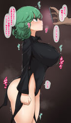 Rule 34 | 1boy, 1girl, alternate breast size, ass, black dress, blush, breasts, cellphone, closed mouth, covered erect nipples, curly hair, dress, green eyes, green hair, highres, hypnosis, large breasts, long sleeves, mind control, one-punch man, phone, short hair, smartphone, sweat, tatsumaki, thighs, translated, trembling, yamaori