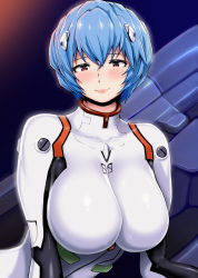 Rule 34 | 1girl, alternate breast size, ao madoushi, ayanami rei, blue hair, bodysuit, breasts, highres, interface headset, large breasts, light smile, looking at viewer, neon genesis evangelion, plugsuit, red eyes, short hair, solo