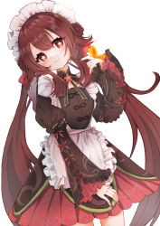 Rule 34 | 1girl, alternate costume, apron, blush, brown hair, bug, butterfly, closed mouth, dress, flower-shaped pupils, genshin impact, highres, hu tao (genshin impact), insect, long hair, long sleeves, maid, maid apron, maid headdress, poteo, simple background, smile, solo, symbol-shaped pupils, twintails, waist apron, white apron, white background