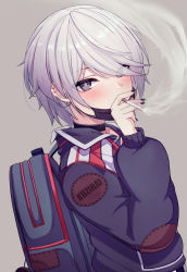 Rule 34 | 1girl, 5danny1206, absurdres, bag, black mask, black nails, blush, character request, cigarette, collar, copyright request, ear piercing, fingernails, grey background, grey eyes, hair over one eye, hand up, highres, holding, holding cigarette, jacket, long sleeves, looking at viewer, mask, mask on head, mouth mask, nail polish, patch, piercing, puffy long sleeves, puffy sleeves, short hair, silver hair, simple background, smoke, smoking, solo, standing, swept bangs, upper body