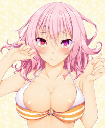 Rule 34 | 1girl, areola slip, bikini, blush, breasts, cleavage, fingernails, heart, heart-shaped pupils, heterochromia, large breasts, mirei-san (suterii), o-ring, o-ring top, original, pink hair, solo, suterii, swimsuit, symbol-shaped pupils, upper body, yellow eyes