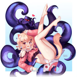 Rule 34 | 1girl, ahoge, animal ear fluff, animal ears, arm up, ass, bare legs, bare shoulders, barefoot, blonde hair, cat ears, cat tail, clothing cutout, commentary, crop top, facial mark, fangs, feet, feet above head, feet up, hair ornament, hairclip, heart, highres, indie virtual youtuber, legs up, looking at viewer, midriff, open mouth, pink shirt, shirt, short hair, short shorts, shorts, shoulder cutout, shyrei faolan, side slit, solo, squchan, stomach, tail, virtual youtuber, whisker markings, white shorts, yellow eyes